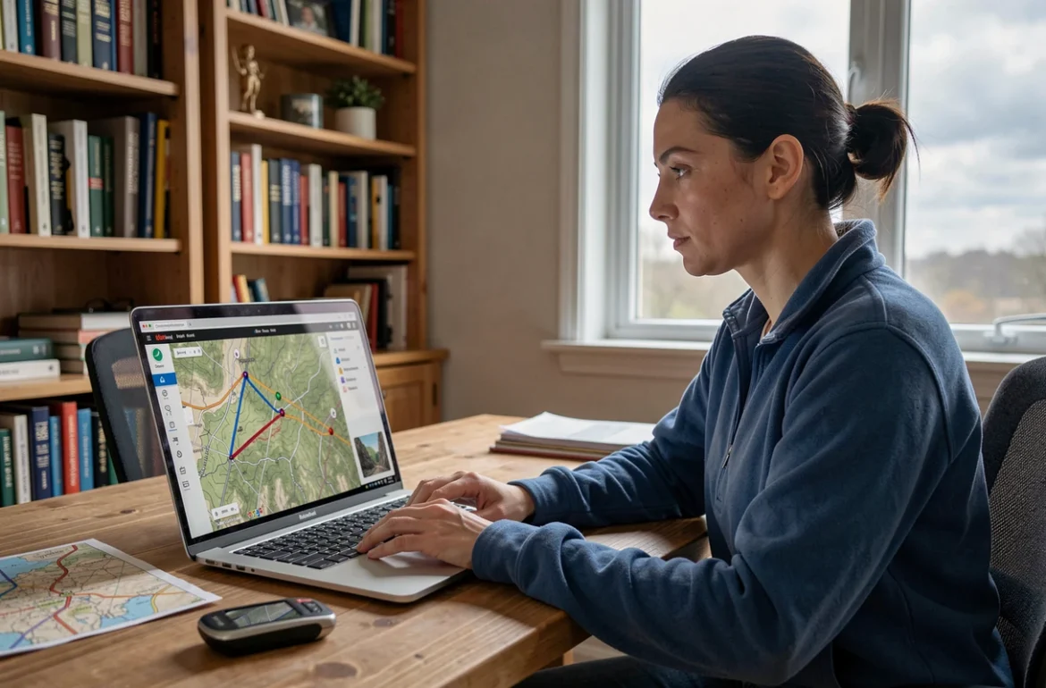 Femme planifiant une route GPS avec des waypoints sur une carte topographique numérique