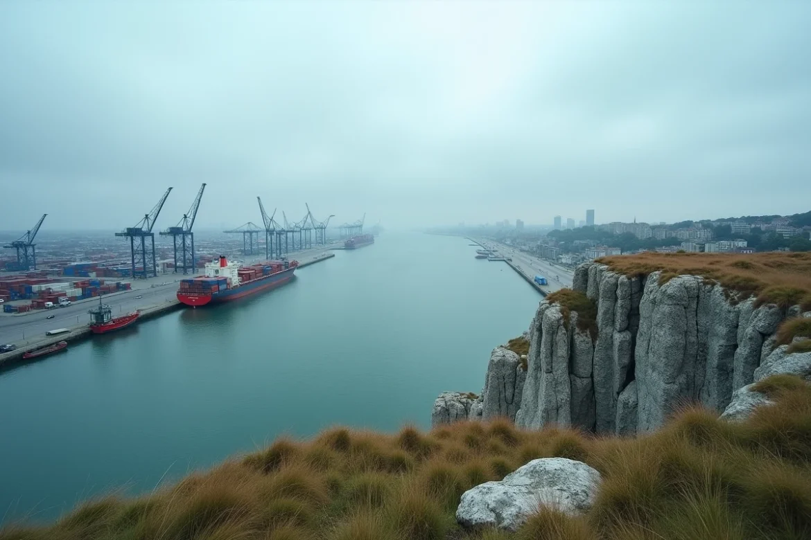 Vue panoramique du port du Havre depuis les falaises normandes montrant les infrastructures maritimes stratégiques et l'estuaire de la Seine en Normandie