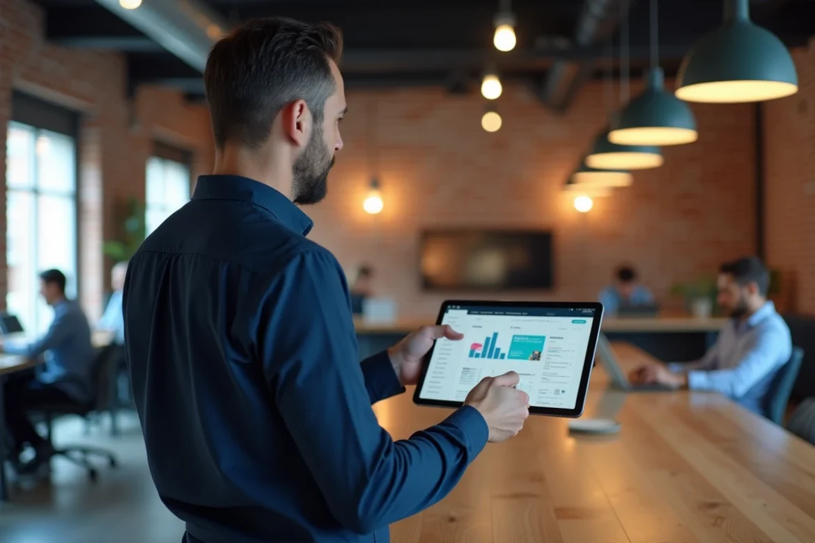 Homme présentant une interface de site web tendance sur tablette dans un espace de coworking