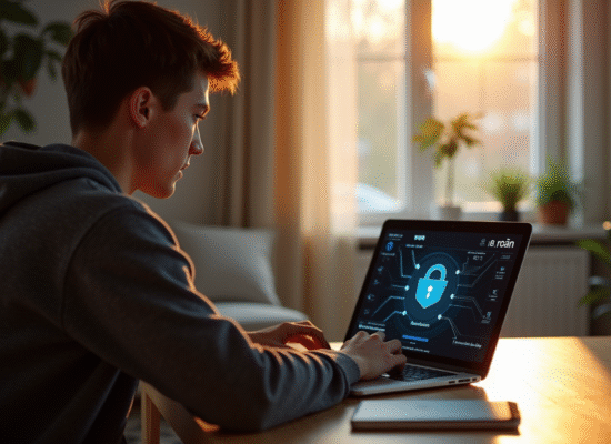 Jeune professionnel utilisant un laptop avec VPN à la maison