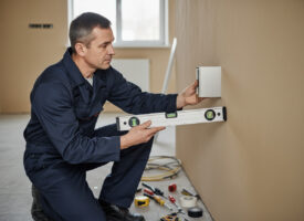 Homme professionnel en salopette alignant une plaque métallique