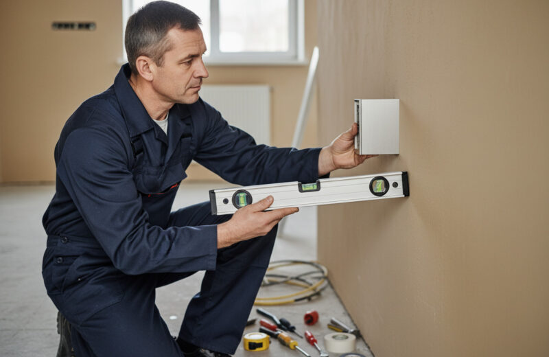 Homme professionnel en salopette alignant une plaque métallique