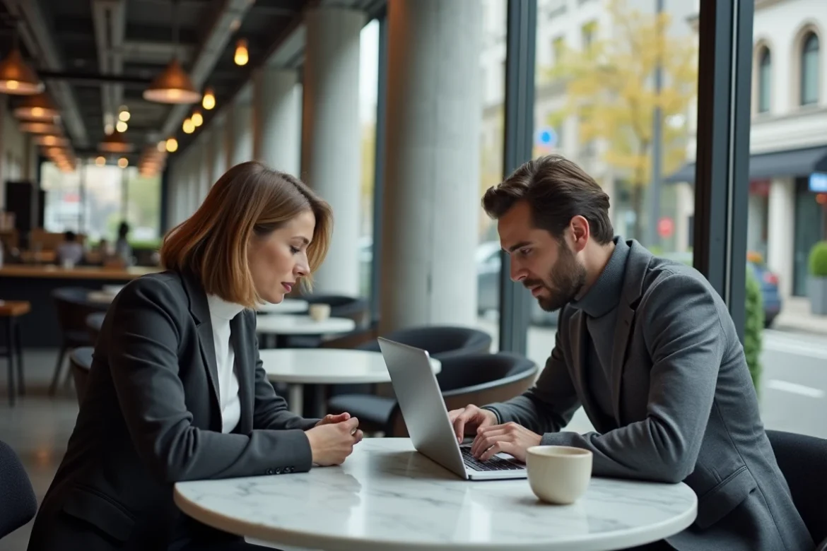 Deux professionnels comparant des sites web tendance sur ordinateur portable dans un café urbain moderne