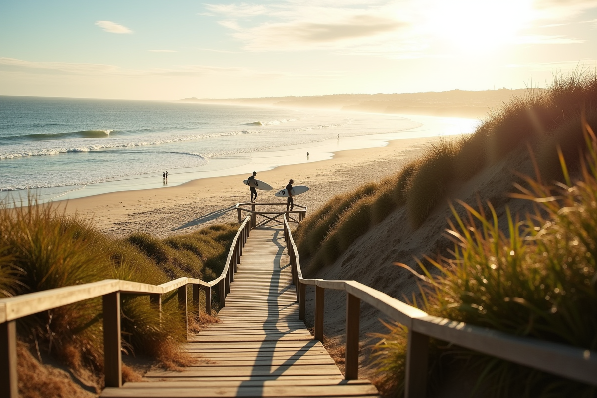 Promenade en bord de mer avec surfeurs a Costa da Caparica