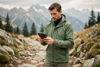 Randonneur utilisant un GPS de randonnée sur un sentier de montagne pour suivre une trace GPS