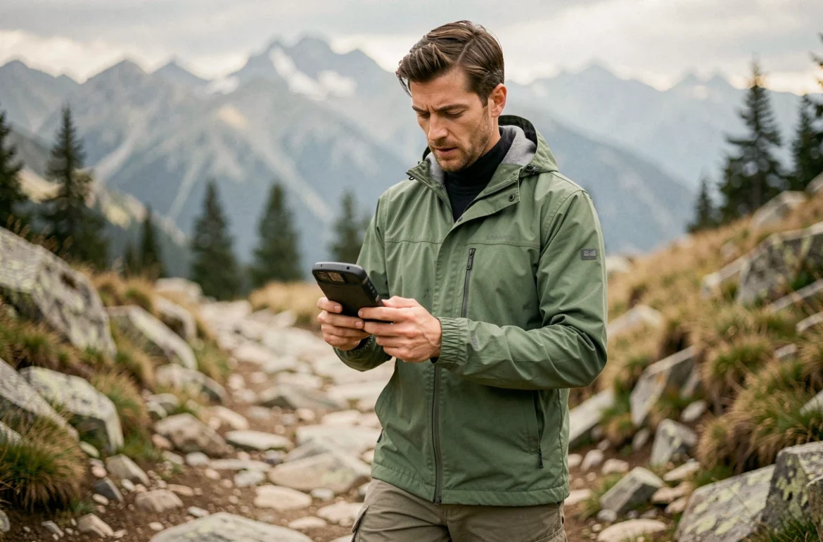 Randonneur utilisant un GPS de randonnée sur un sentier de montagne pour suivre une trace GPS