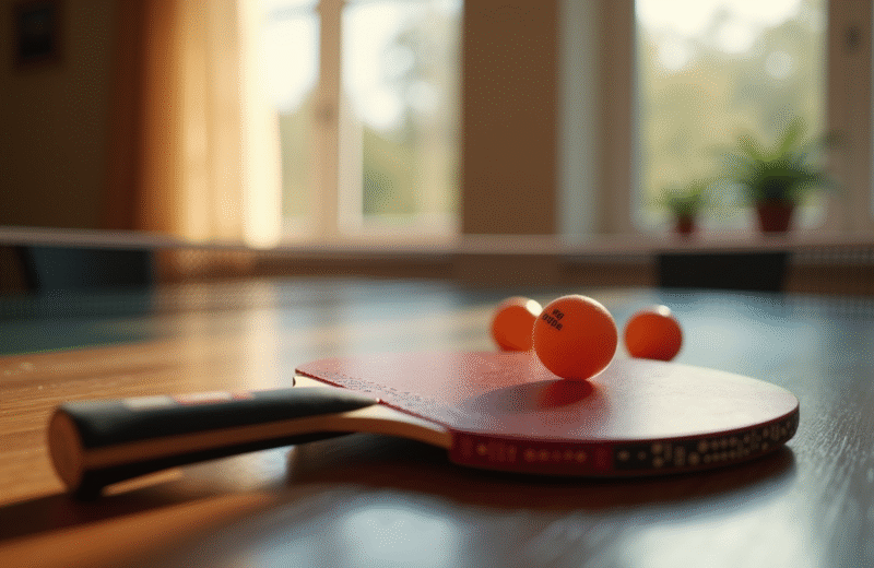 Raquette de tennis de table professionnelle sur table en bois