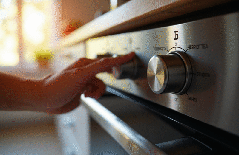 Manette thermostat de four réglée sur 6 dans une cuisine moderne