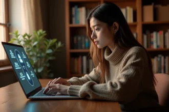 Personne utilisant un ordinateur portable en toute discrétion dans un bureau à domicile pour protéger sa vie privée lors de rencontres en ligne