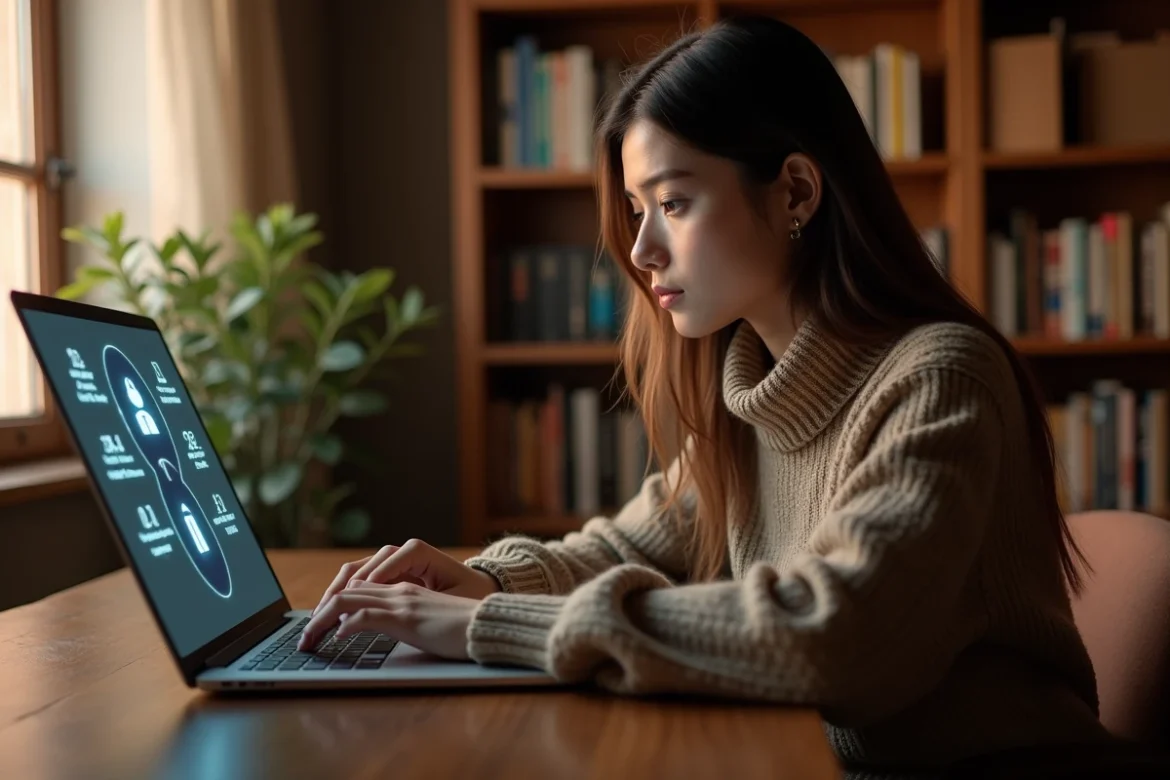 Personne utilisant un ordinateur portable en toute discrétion dans un bureau à domicile pour protéger sa vie privée lors de rencontres en ligne