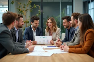 Groupe de collègues discutant autour d'un calendrier 2026