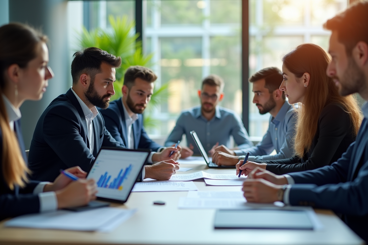 Groupe de professionnels analysant des documents et graphiques