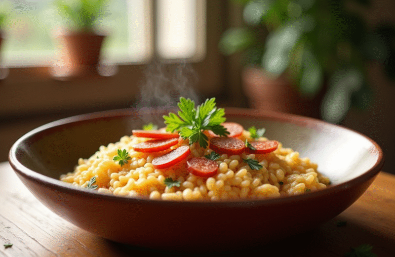 Risotto crémeux au chorizo dans un bol rustique