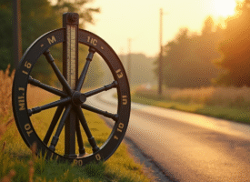 Roue de mesure vintage à côté d'un ancien kilomètre sur une route ensoleillée