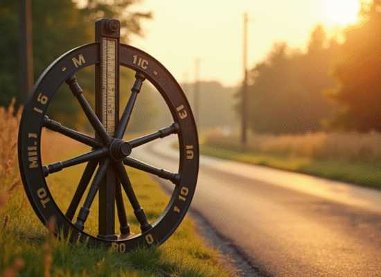 Roue de mesure vintage à côté d'un ancien kilomètre sur une route ensoleillée