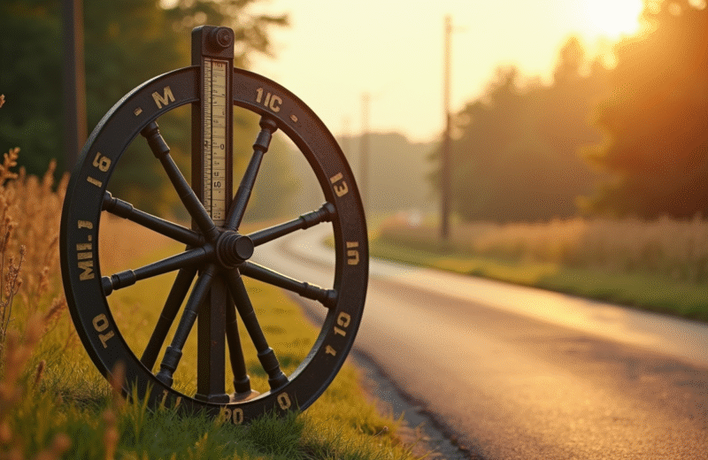 Roue de mesure vintage à côté d'un ancien kilomètre sur une route ensoleillée