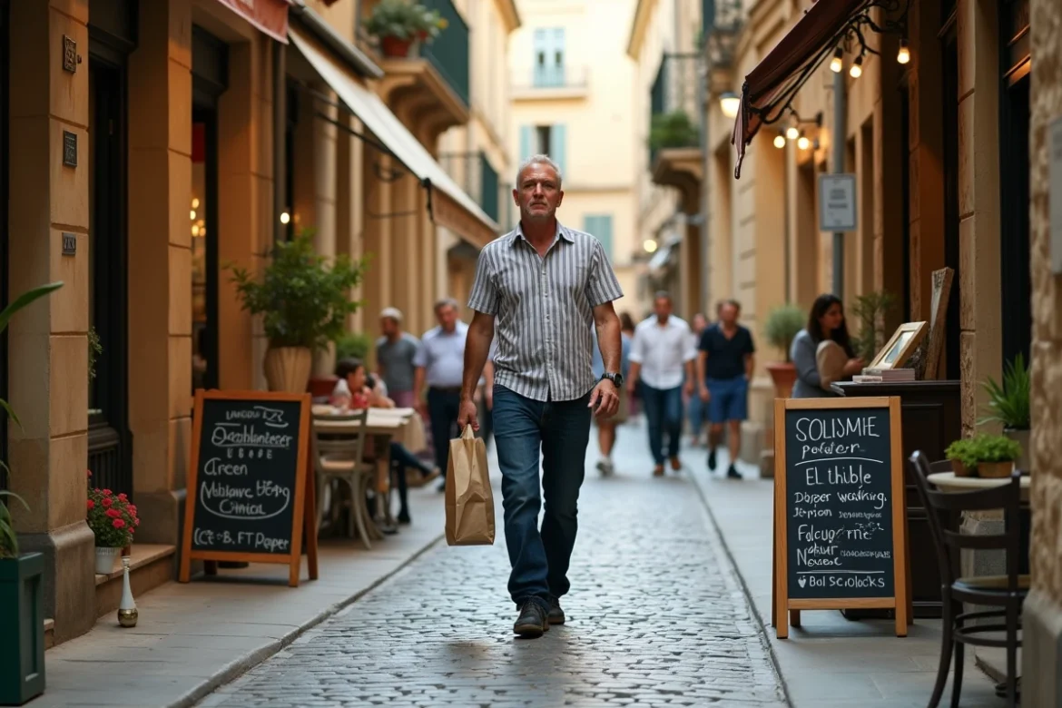 Rue piétonne du quartier de l'Écusson à Montpellier avec boutiques ouvertes le dimanche et passants en balade
