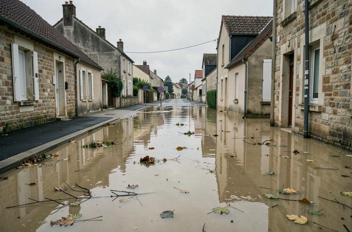 Rue résidentielle française inondée avec de l'eau boueuse atteignant les trottoirs et partiellement les façades de maisons