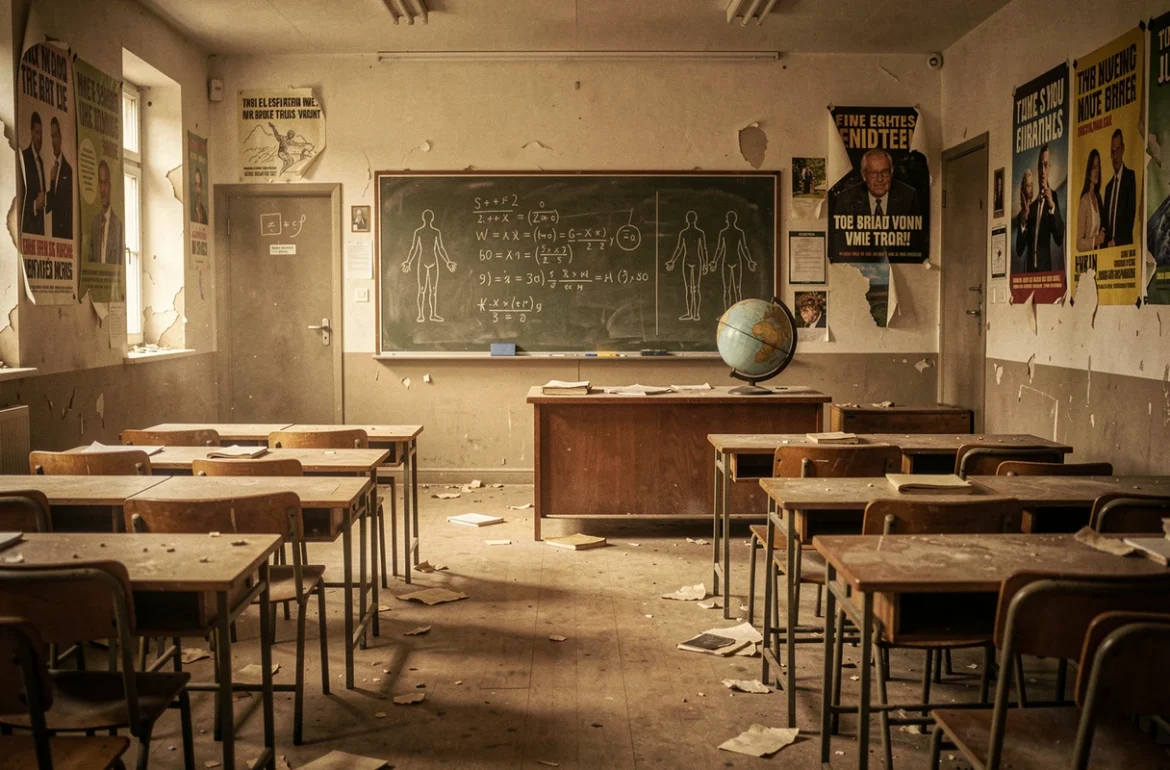 Salle de classe abandonnée et poussiéreuse symbolisant l'école de Xavier jamais fondée dans un scénario alternatif des X-Men