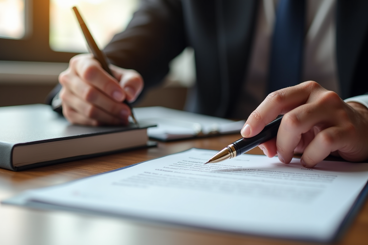 Main de notaire apposant un sceau sur un document juridique