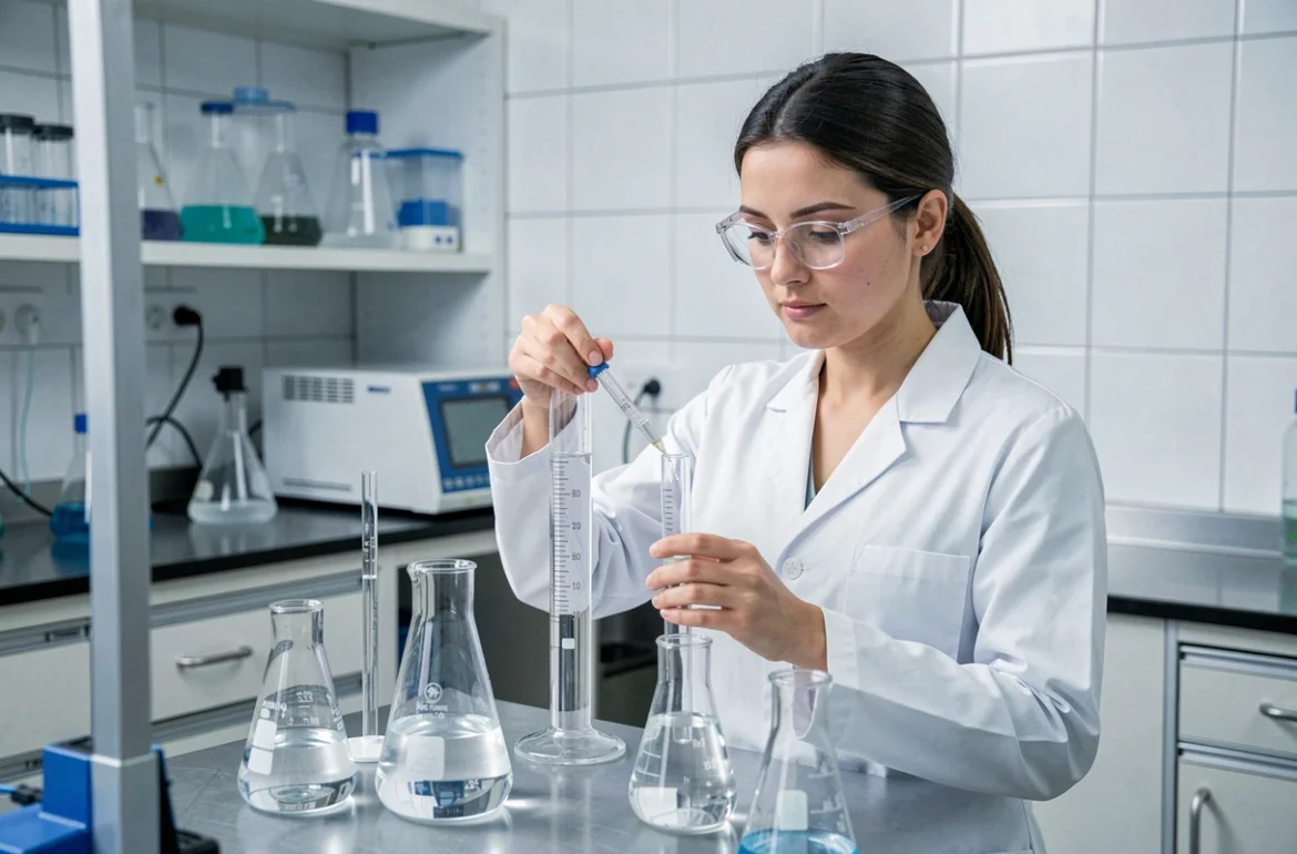 Femme scientifique mesurant des volumes en litres dans des éprouvettes de laboratoire pour illustrer la conversion des unités de volume