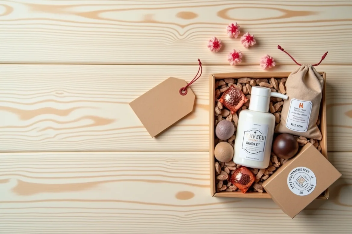 Flat lay de petits cadeaux femme à moins de 5 euros trouvés en pharmacie et supermarché : crème mains, savon, kit manucure