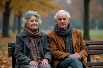 Femme âgée et homme d'âge moyen sur un banc dans un parc automnal