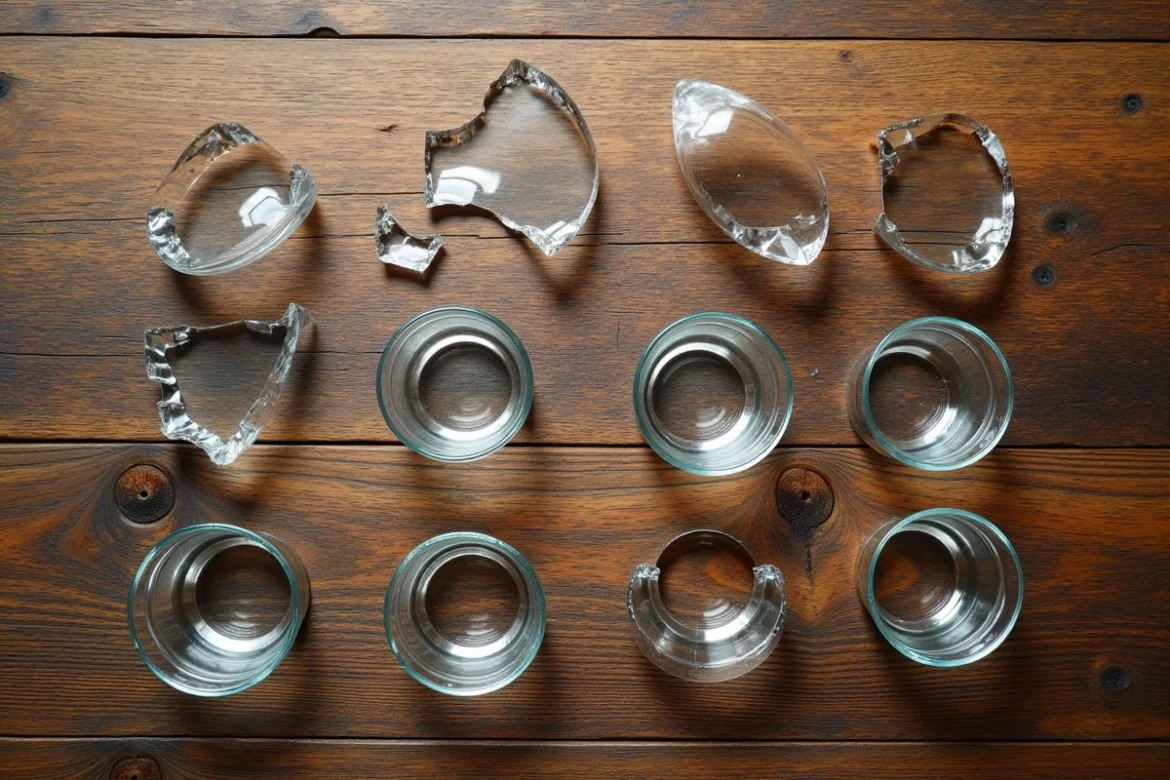 Vue de dessus de plusieurs verres blancs cassés disposés sur une table en bois rustique, symbolisant une série de bris répétés