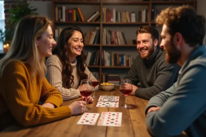 Groupe d'amis jouant à la crapette autour d'une table en bois lors d'une soirée conviviale en appartement