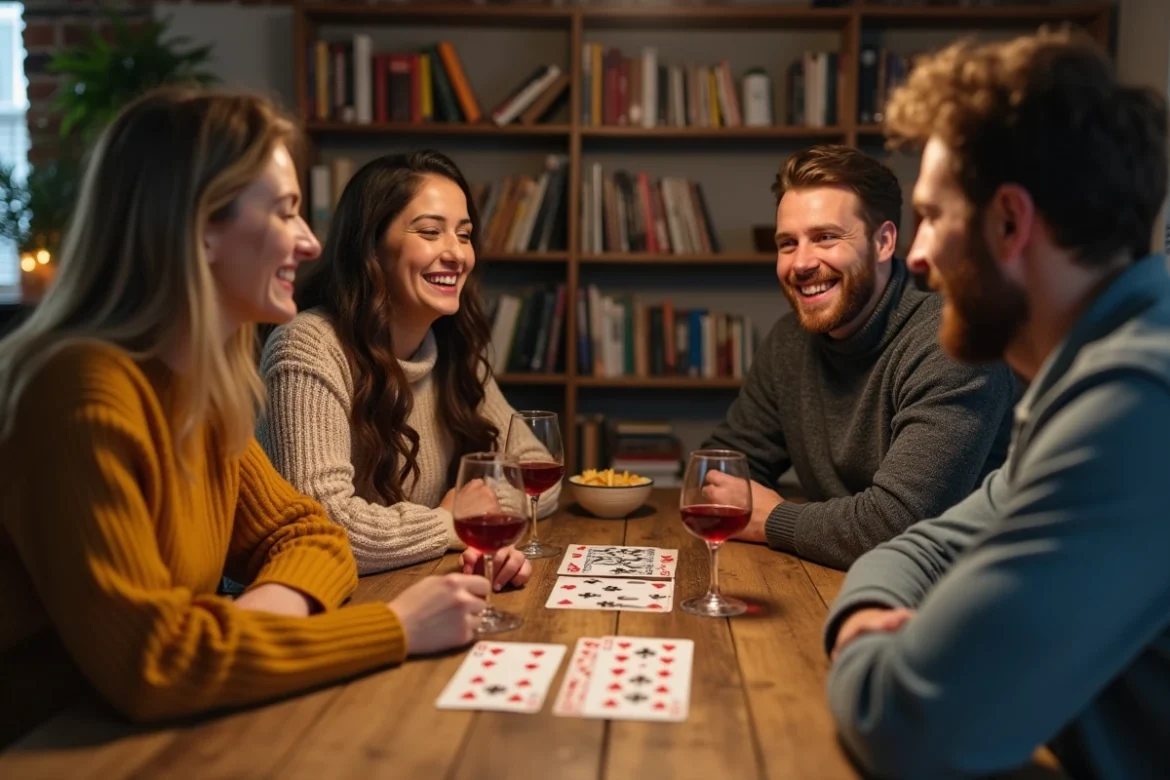 Groupe d'amis jouant à la crapette autour d'une table en bois lors d'une soirée conviviale en appartement