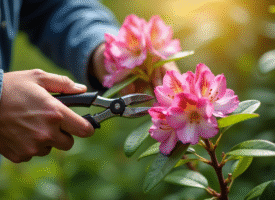 Mains de jardinier taillant un jeune rhododendron avec des sécateurs