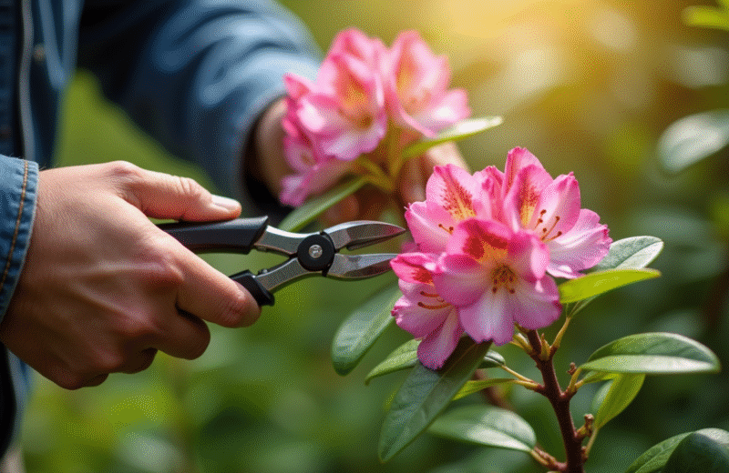 Mains de jardinier taillant un jeune rhododendron avec des sécateurs