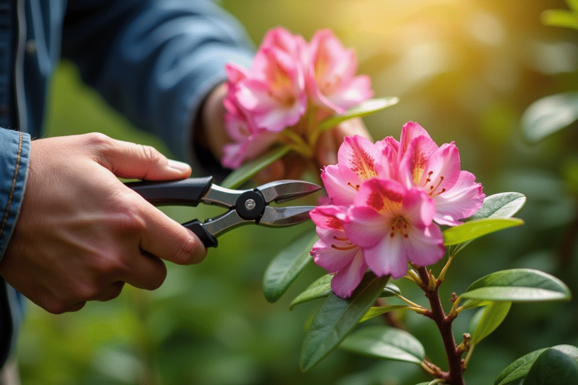 Mains de jardinier taillant un jeune rhododendron avec des sécateurs