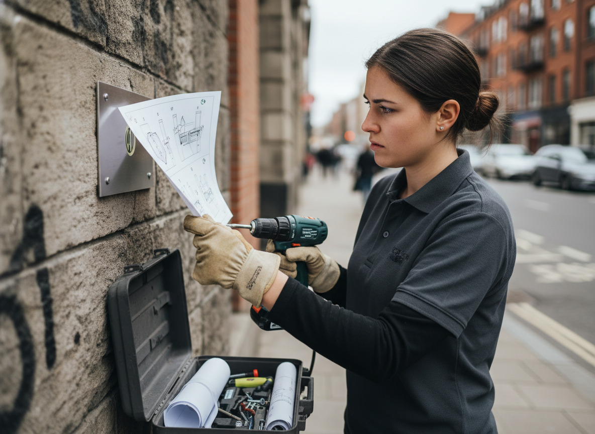 Jeune technicien en extérieur installant une plaque sur un mur en pierre