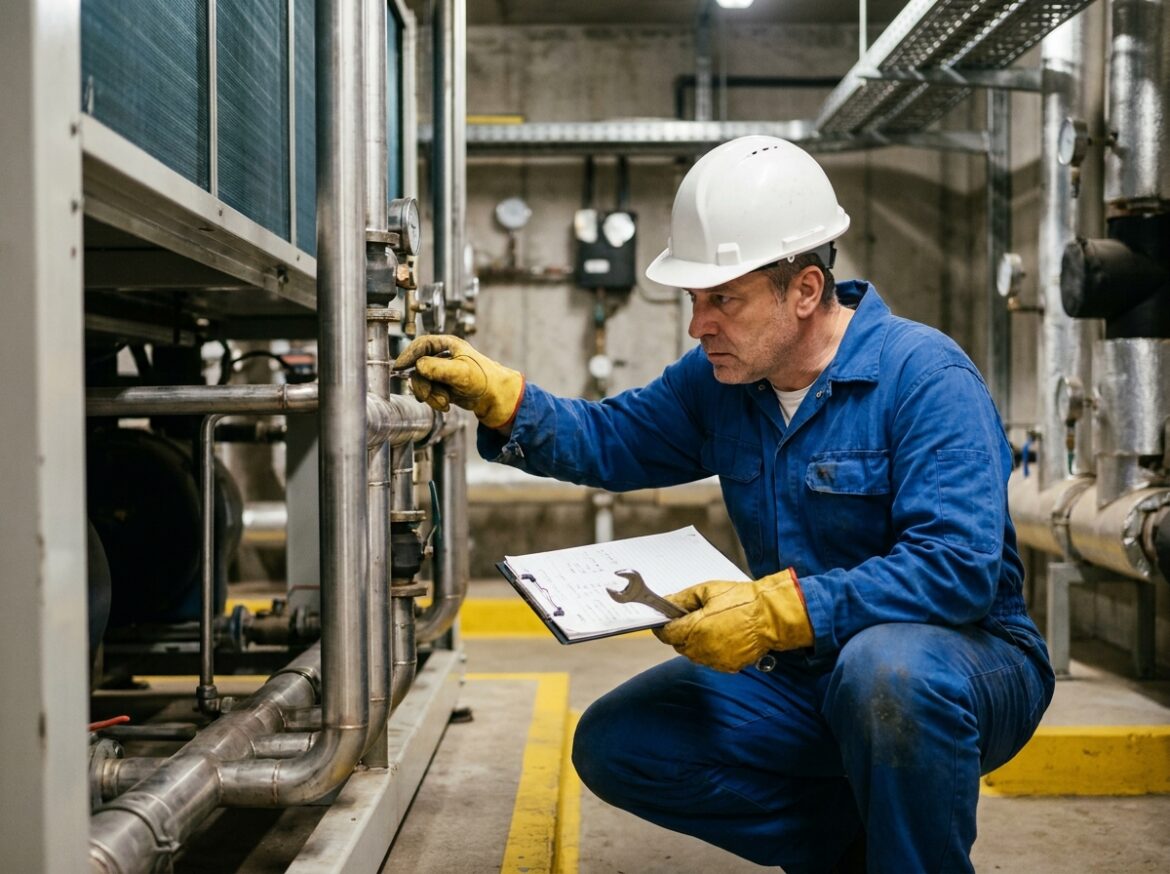 Technicien inspectant les connexions de tuyauterie d'un système de refroidissement dry cooler dans une salle mécanique industrielle