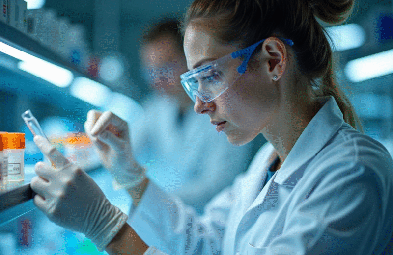 Technicien en laboratoire analysant des echantillons sous lumiere blanche