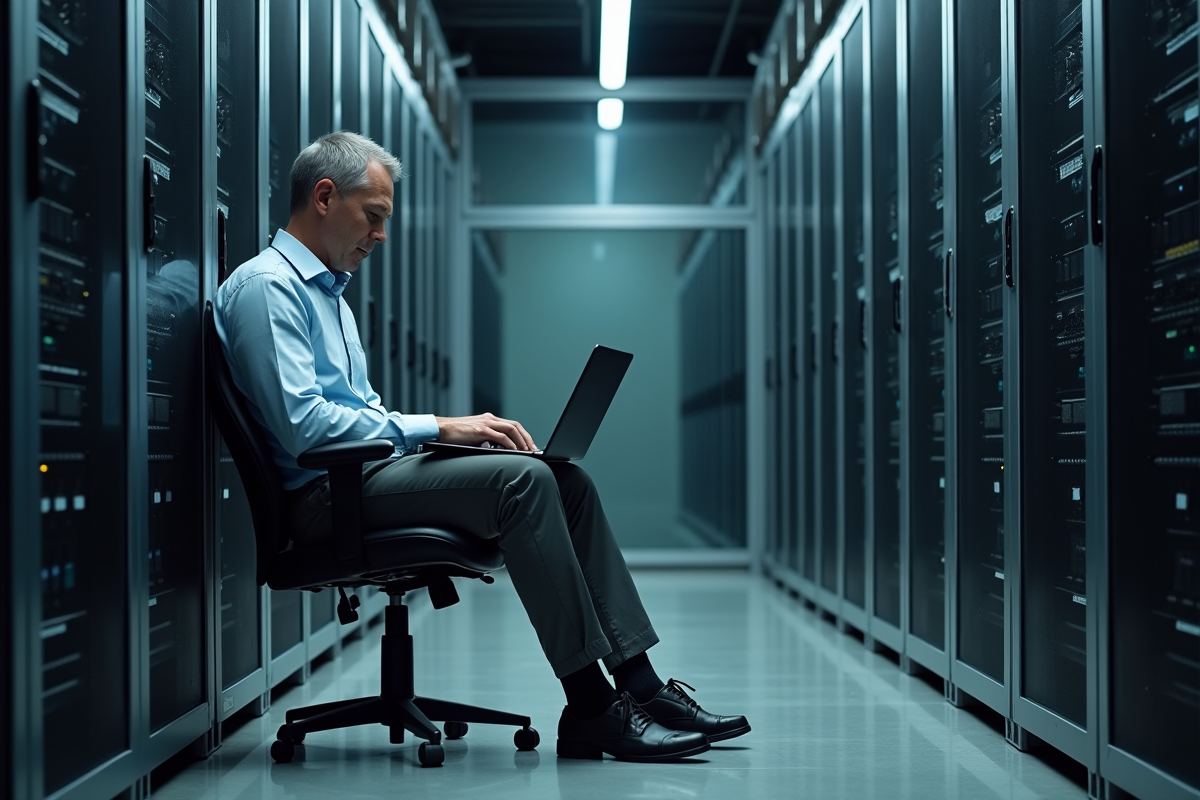 Technicien informatique travaillant dans une salle serveurs