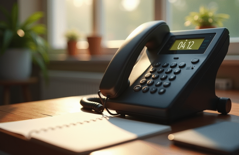 Téléphone fixe français sur un bureau en bois avec bloc-notes