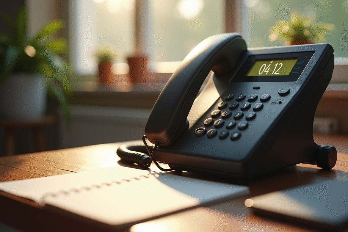 Téléphone fixe français sur un bureau en bois avec bloc-notes