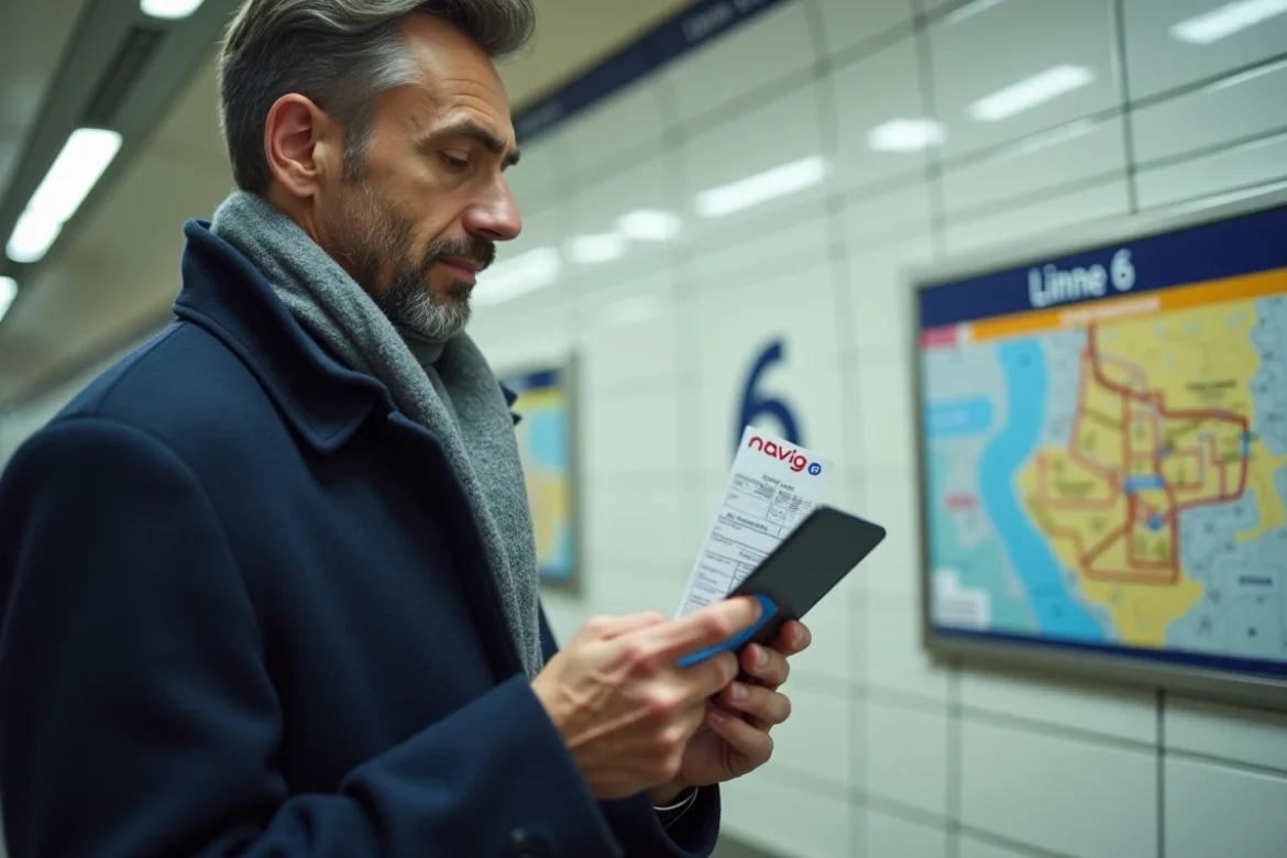 Voyageur tenant un ticket de métro et une carte Navigo devant un plan de la ligne 6 à Paris