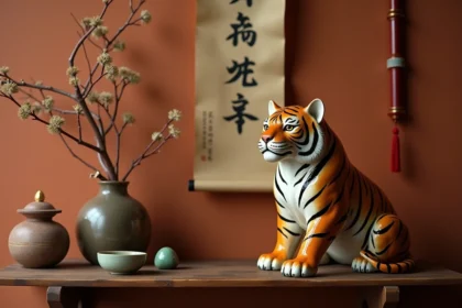 Figurine de tigre en céramique entourée d'ornements chinois traditionnels sur une étagère en bois, symbole du signe astrologique chinois Tigre de Terre 1998