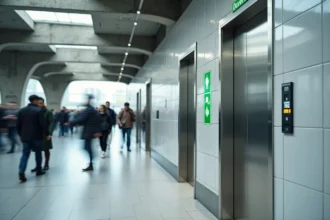 Entrée de toilettes publiques ouvertes dans une gare avec panneau vert indiquant les horaires d'accès