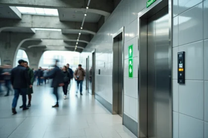Entrée de toilettes publiques ouvertes dans une gare avec panneau vert indiquant les horaires d'accès