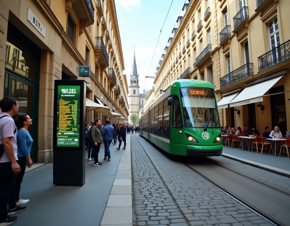 Tramway de Nantes traversant la Place du Commerce avec panneau d'information des départs en temps réel