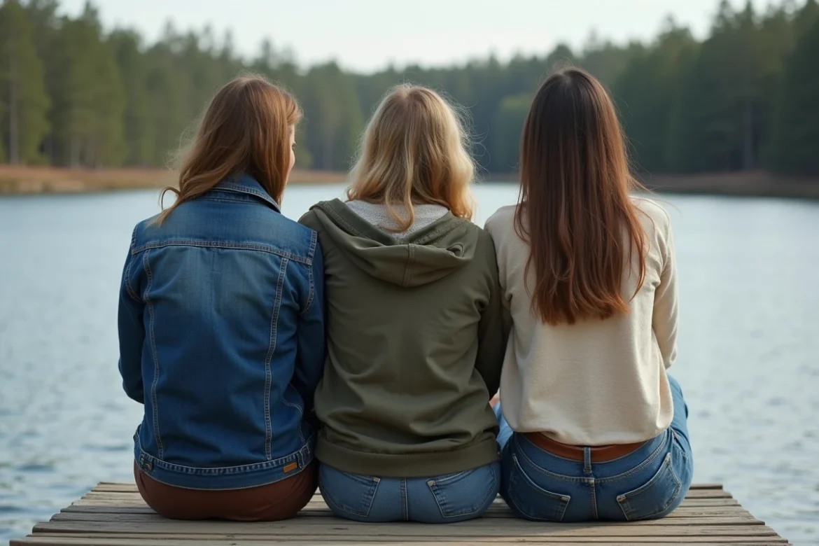 Trois meilleures amies assises sur un ponton au bord d'un lac paisible, partageant un moment de complicité authentique