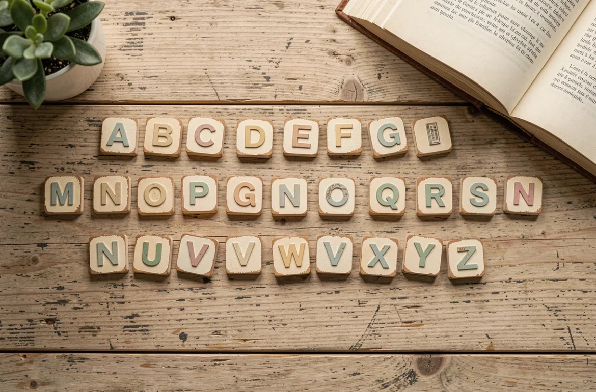 Tuiles en bois vintage formant l'alphabet français dans l'ordre sur une table en chêne