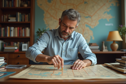 Urbaniste homme examine un vieux plan dans son bureau chaleureux