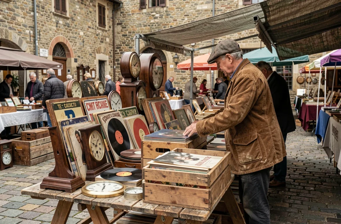 Vendeur organisant son stand de brocante dans un village du Nord-Pas-de-Calais