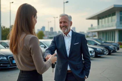 Vendeur de voitures souriant remettant les clés à une cliente