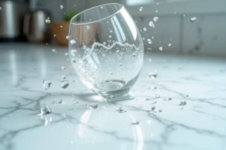 Verre blanc en train de se briser sur un comptoir en marbre blanc, éclats de verre suspendus en l'air au moment de l'impact